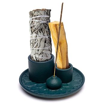 Ceramic Palo Santo, smudge and incense burner flower motif petrol